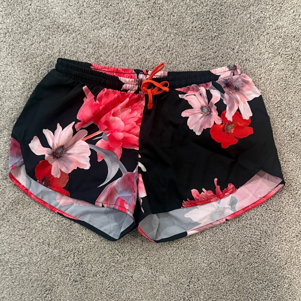 Old Navy Black Athletic Shorts with Pink & Red Floral Print